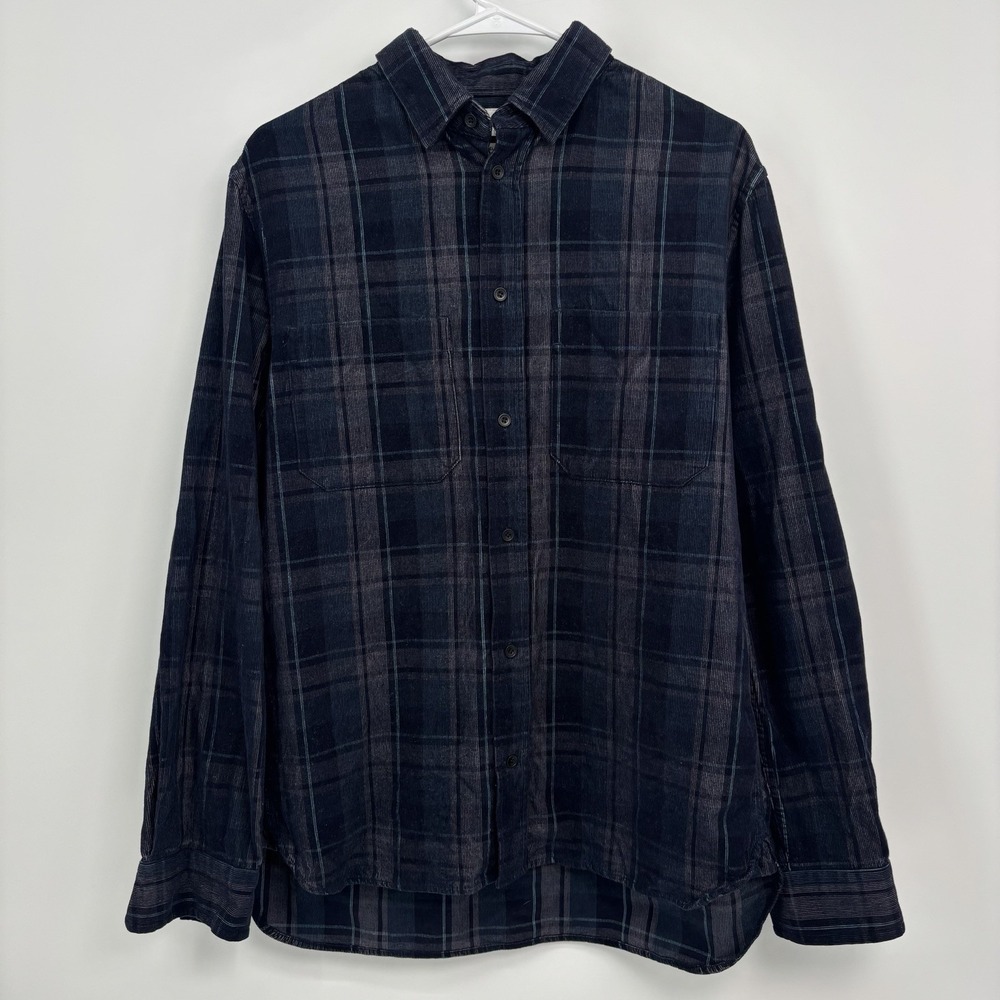 COS Men's Plaid Corduroy Button Up Shirt Navy Blue Size Small Relaxed Fit